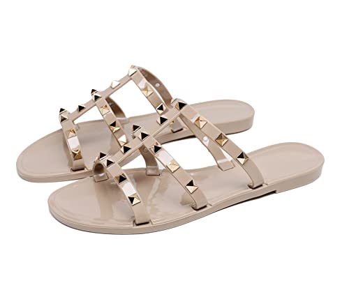 Omgard SHOES-FLAT-LT-FF05-BEIGE-41 2 Jelly Shoes For Women Size 9.5, Nude Studded Jellies Flat Sandals Summer Beach Rivets Strappy Slide Slip On thumb #6
