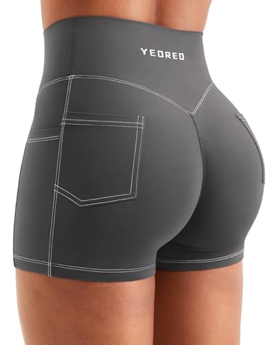 YEOREO CoreFlex Women Workout Shorts with Cargo Pockets Hidden Scrunch Butt Lifting Denim-Look Gym Shorts Coal XS