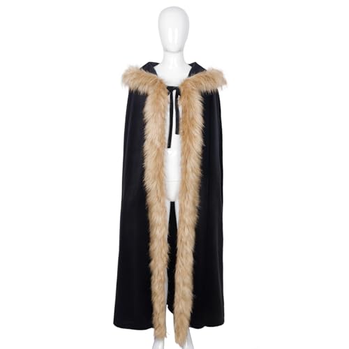 keland Wikinger Fell Umhang Samt Kapuzenumhang Mittelalter für Halloween (Schwarz)