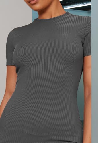 Image of Women's Crew Neck Short Sleeve Slim Fit Ribbed T Shirt Casual Midi Bodycon Dress