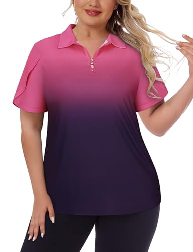 Tanst Sky Women's Plus Size Golf Polo Shirts Zip Up Short Sleeve Tops Loose Fit UPF 50+ Tennis Workout Apparel XL-5XL