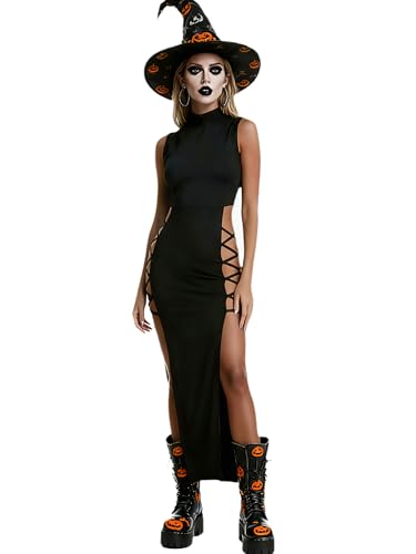 Image of Women's Sexy Double High Slit Mock Neck Goth Y2k Dress 2026 Summer Rave Outfits Party Club Long Maxi Dresses Black