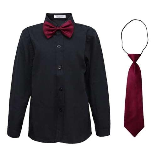 aromm Junge Kleid Hemd mit Fliege und Krawatte Lange Ärmel Solide Knopf unten Oxford Shirt Schwarz,3-4 Jahre