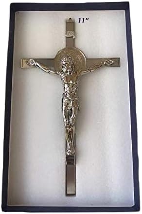 San Benito Crucifijo 11" Jesús En La Cruz Con Medalla De San Benito, Color Plata San Benito Crucifijo Pared 11", Nuevo