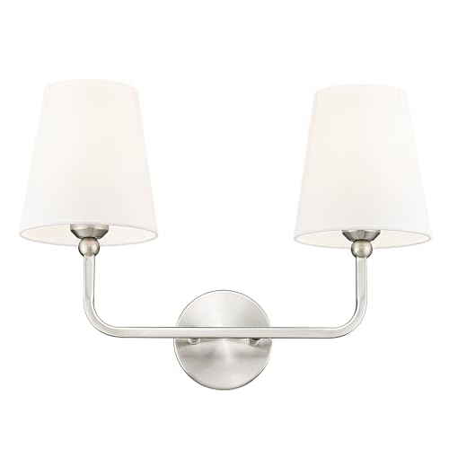 Image of 2-Light Bathroom Light Fixtures, Brushed Nickel Vanity Lights, Double Wall Sconce with Flared White Fabric Shade, Modern Sconces Wall Lighting for Hallway Bedroom Stairway, VL837-BN-2