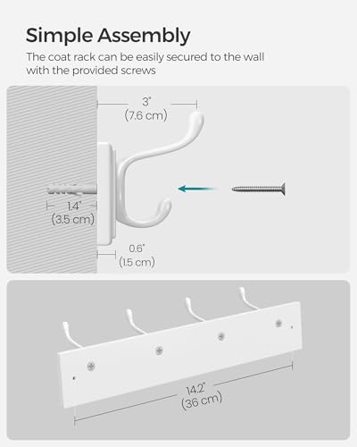 Image of SONGMICS Wall-Mounted Coat Rack, Hook Rack, 4 Dual Metal Hooks, for Coats, Bags, Keys, in the Entryway, Bedroom, Living Room, White ULHR23WT