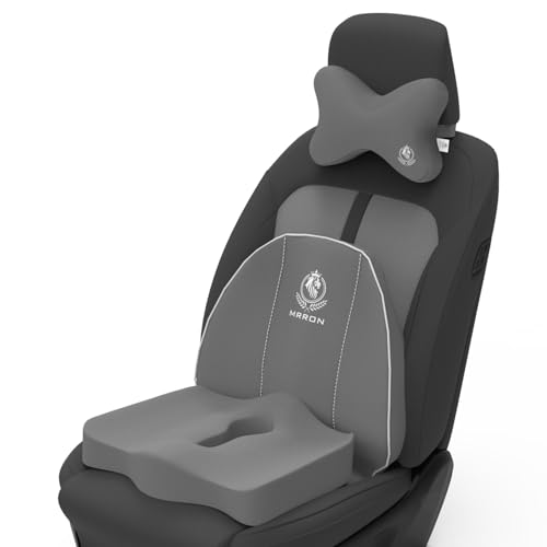 Image of MRRON Memory Foam Car Seat Cushion Combo - Backrest, Coccyx Cushion & Neckrest - Orthopedic Support for Back, Sciatica & Neck Pain - Ergonomic Comfort for Car, Office. (Grey, Spine Support)