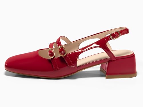 Image of Coutgo Women's Mary Jane Chunky Low Heels Slingback Pumps Closed Square Toe Wedding Dress Shoes