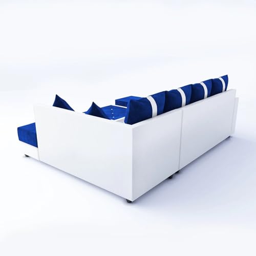 Image of RECTART Luxe 8 Seater L Shape Sofa Set | 2 Ottoman, 6 Small Pillow with Coffee Table for Living Room Furniture (Brown & Cream, 8 Seater) (Blue & White, 8 Seater) - Wood