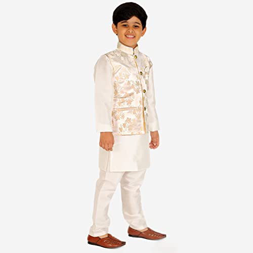 Image of Pro-Ethic Style Developer Kurta Pajama For Kids Boys With Waistcoat | Silk | Floral | Traditional Dress (S-209)