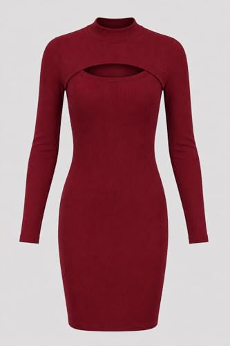 Image of Women's Ribbed Bodycon Mini Dress, Mock Neck, Long Sleeve, Cut-Out Detail, Black, Brown, Green