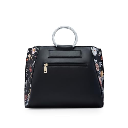 Image of Caprese Fiorella Satchel, Black-Large | Stylish Floral Printed Shoulder Bag for Women with Adjustable Sling Strap | Easy Back Access Pocket & Spacious | Perfect for Office & Daily Essentials
