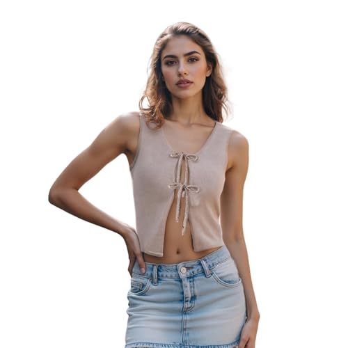 Image of Mieeyali Womens Vintage Knittd Tank Y2k Vest Crop Top Sleeveless V-Neck Open Front Button Crochet Knit Vests Versatile Tops