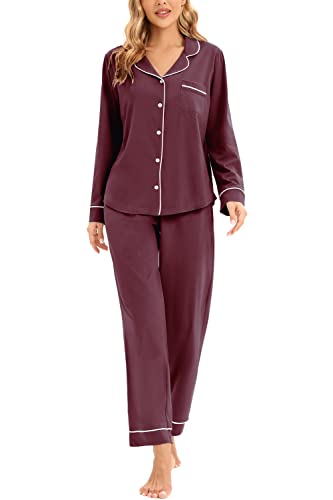 Image of LUBOT 100% Cotton Pajamas for Women PJ Set Soft Long Sleeve Button-Down Shirt 2 PC Set Warm Sleepwear Loungewear Night Suit (Burgundy, 2XL)