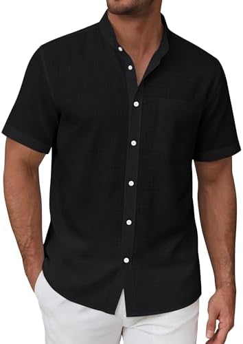 siliteelon Leinenhemd Herren Kurzarm Stehkragen Sommerhemd Freizeithemd Regular Fit Kragenloses Leinenshirt Standhemd