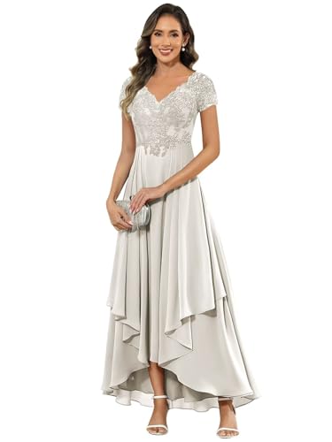Tea Length Chiffon Mother of The Bride Dresses for Women Seniors Short Sleeve A-Line Lace Formal Dresses