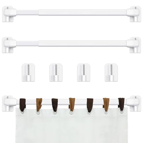 2 PCS Extendable Curtain Rods, 30-50cm Adjustable Curtains Poles with 4 Pcs Plastic Sticky End Window Hook for Home Bathroom, Windows, Bookshelf, Wardrobe, Cupboard(White)