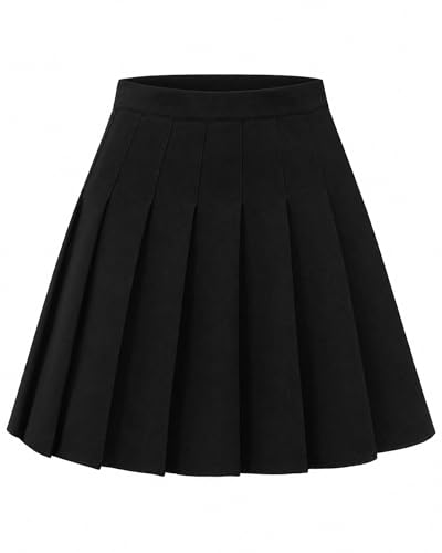 Shestellar Women Pleated Mini Skirt, High Waisted A-Line Skirt with Elastic Waist for Casual Wear - Black L