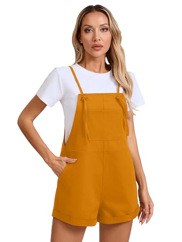 KORSIS Overalls for Women Summer Turmeric Small Casual Loose Fit Spaghetti Strap Shorts Overall Rompers Bib jumpsuits Outfits with pockets — view 4