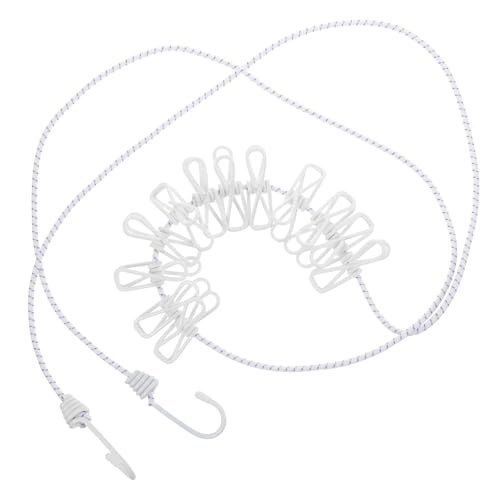 STAHAD Tendedero Portátil Elástico Blanco para Camping con Cuerda Antideslizante y Clips Multifuncionales, Accesorio Resistente para Fijar Tiendas y Secar Ropa en Exteriores