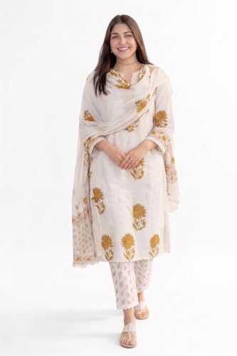 Image of Nermosa Women's Hand Block Floral Printed Straight Kurta Set with Palazzo Pants & Dupatta Ethnic Kurta Set for Casual Outings Day Events Summer Wear Festive