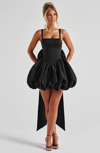 Satin Homecoming Dresses Short with Bow 2025 Spaghetti Straps Ruched A-Line Corset Puffy Graduation Dress4