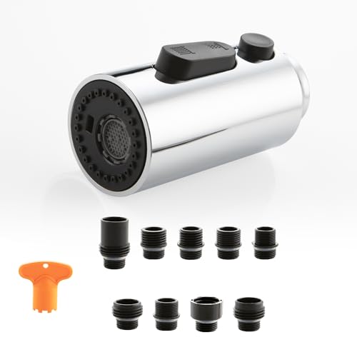 DOLGABA Pull Down Kitchen Faucet Head Replacement, 3 Function Pull Out Sprayer Head Nozzle with 9 Adapters for Kitchen Sink Faucet American Standard, Polished Chrome