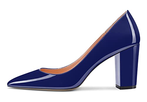 Image of Aachcol Women Pumps Pointed Toe Slip on Mid Heel Dress Office Chunky Block Heels Shoes 3 Inches