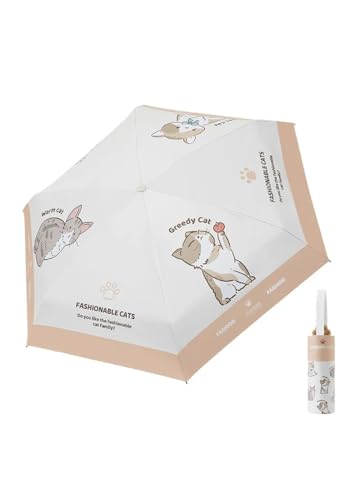 Image of The Purple Tree Cute Cat Print UV Protection 3 Fold Travel Umbrella for Women & Girls | Manual Open, Compact Rain & Sun Protection, UPF 50+ | Windproof Portable Folding Umbrella with Paw Handle