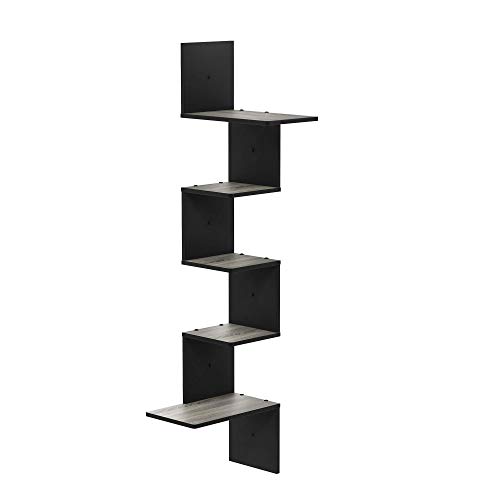 Furinno Rossi Modern 5-Tier Wall Floating Corner Shelf, French Oak/Black