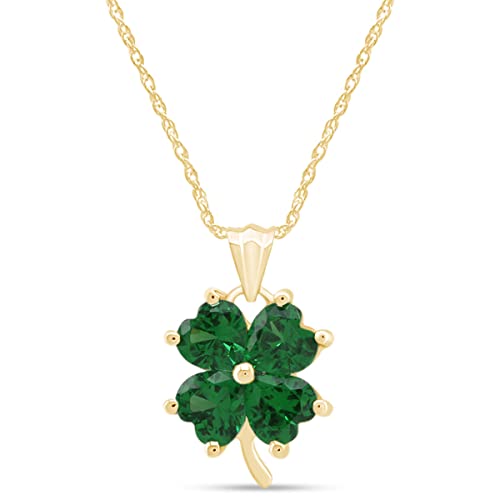 Jewel Zone Us 10K Solid Gold Simulated Green Emerald Four-Leaf Clover Pendant Necklace, 18" #TOP19