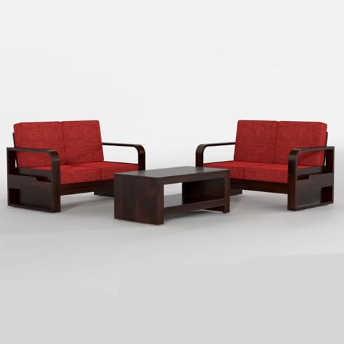 Image of Solid Sheesham Wooden 4 Seater Sofa Set for Living Room | Sofa Set with Side Pocket Storage & Cushion | Rosewood Sofa Set for Home (Walnut with Red Cushion, 4 Seater)