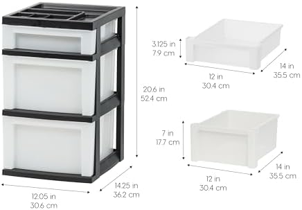IRIS USA 3 Drawer Storage Cart - Plastic Organizer for Classroom Supplies, Art Supplies, Small Parts, Pearl/Black