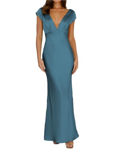 Image of Halfisland Womens Summer Satin V Neck Cap Sleeve Midi Dress Wedding Guest | 2026 Summer,Backless,Hollow Out,Long,Formal,Cocktail,Twist,Bridesmaid,Party,Baby Shower,Short Sleeve,Beach,Elegant,Evening