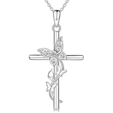 ASHLI JENA Cross Necklace for Women Faith Love 925 Sterling Silver Butterfly CZ Diamond Pendant Necklaces Jewelry for Women Mom Wife Cover