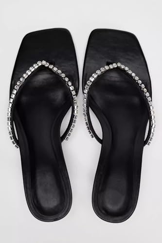 SAFECAMS Rhinestone Kitten Heels for Women Bow Thong Sandals Square Open Toe Flip Flops Heels Summer Miami Heeled Sandals Slippers +Memory Foam4