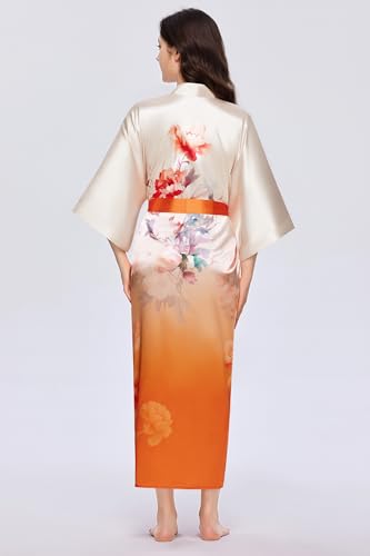 PRODESIGN Kimono Robes for Women - Long Satin Sleepwear Silky Nightgown Bathrobe Gradient Floral Dressing Gown Blouse Robe4