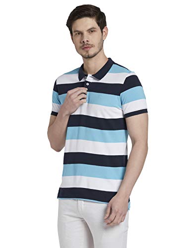 Image of Colorplus Striped Medium Blue Coloured Casual Cotton T-Shirt (Size:- XXL)