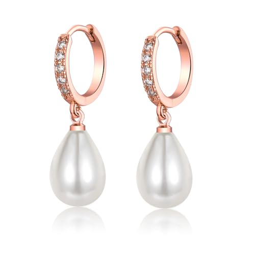 Image of Pearl Dangle Earrings for Women, Sterling Silver Pearl Drop Hoop Earrings, Hypoallergenic Teardrop Pearl Rose Gold Hoop Earrings with AAA+ Cubic Zirconias | Jewellery Gifts for Birthday Weeding