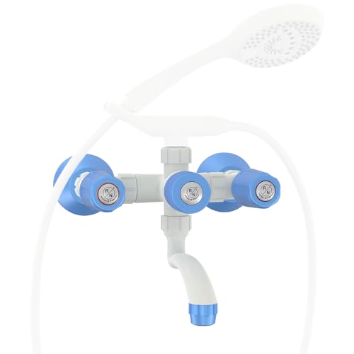 Image of RN PTMT Superior Plastic Faucet 3 in 1 Wall Mixer Telephonic with Crutch Water Tap for Bathroom | Hot & Cold Water Wall Mixer with Hand Shower Connectivity Provision (White-Blue-Dual) RNSAF19A12