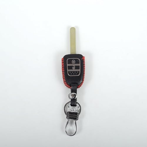 Image of Leather Car Key Cover with Key Chain for Honda City I-Vtech, I-Dtech (Black)