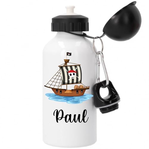 Gourde pirate personnalisée – 500 ml – Bouteille enfant avec prénom – Design bateau pirate – Bouchon à vis + mousqueton – Cadeau garçon école, crèche, sport
