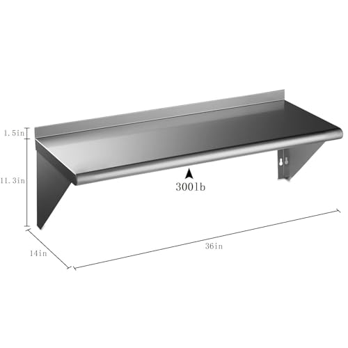 Image of ROCKPOINT Stainless Steel Shelf 14 x 36 Inches 300lb, NSF Metal Commercial Shelves Wall Mount Floating Shelving with Backsplash for Restaurant, Kitchen, Home and Hotel, Silver