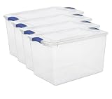Large Storage Bin with Latch Lid (4 Pack) – 66 Quart Clear Plastic Storage Container, Blue Latches, Stackable Bins for Home Organization