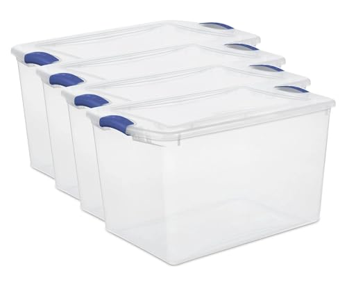Large Storage Bin with Latch Lid (4 Pack) – 66 Quart Clear Plastic Storage Container, Blue Latches, Stackable Bins for Home Organization