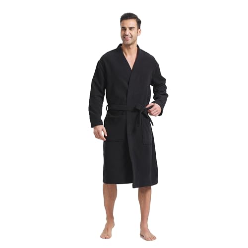 FashGudim Terry Cloth Robes for Men Big and Tall Short Mens Kimono Robe Super Absorbent Spa Bathrobe Calf Length With Pockets（Black,L/XL）