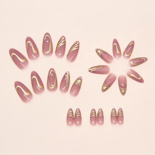 Image of Gold Chrome Press On Nails Almond Shape | Glossy Nude False Nails with 3D Metallic Swirl Design | Press On Nails Kit for Women And Girls Fake Nail Extension | Reusable Nail Extension For Women With Glue Tab | Long Lasting Glossy Finish Artificial Nails | Easy to Apply Fake Nails for Salon Look at Home | Stick-On Manicure Kit For Parties, Weddings And Gifts | Trendy Nail Art Set for All Occasions (Peach-GoldSwirl)