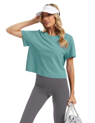 Image of SMENG Women's Crop Tops Cotton Loose Fit Tshirt Basic Short Sleeve Shirt