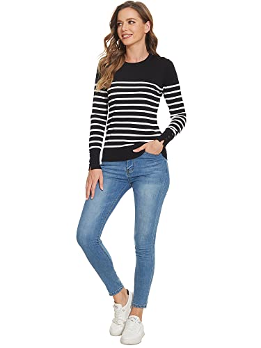 Image of Sweaters for Women Striped Crew Neck Pullover Sweater Lightweight Long Sleeve Fall Knit Tops