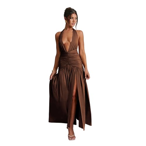 Image of ANKOMINA Women's Sexy V Neck Halter Backless Maxi Dress Ruched High Split Long Bodycon Dresses for Party Cocktail Evening